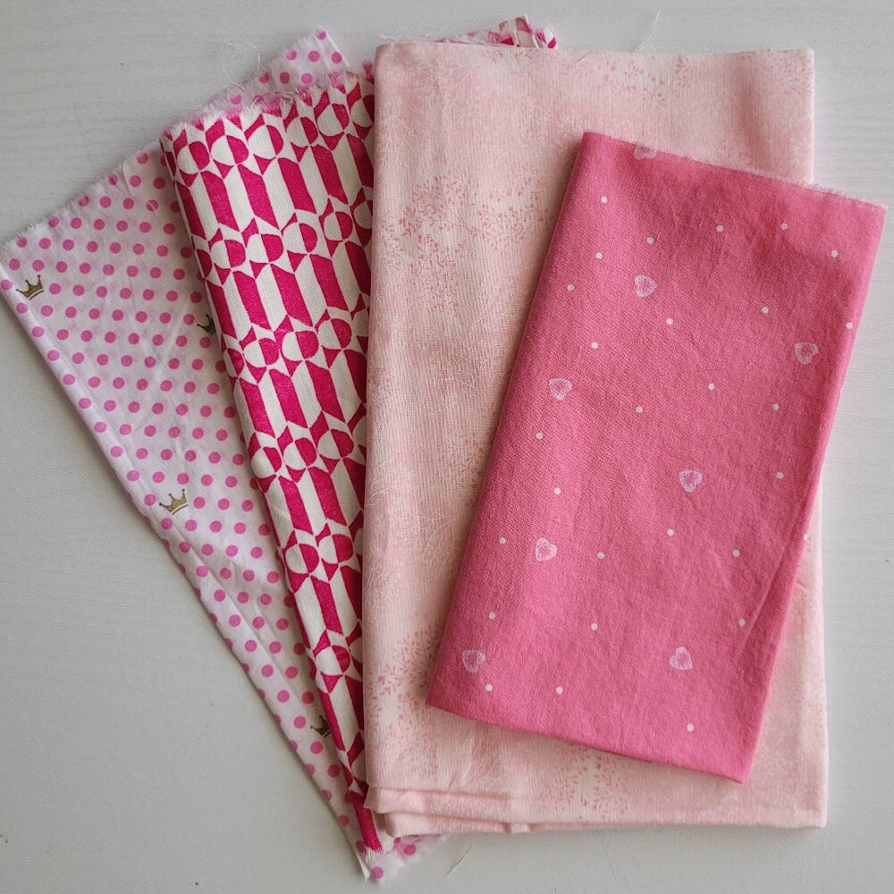3 Scraps/1 Fat Quarter LOT- cotton Fabric Pink white hearts gold crowns abstract